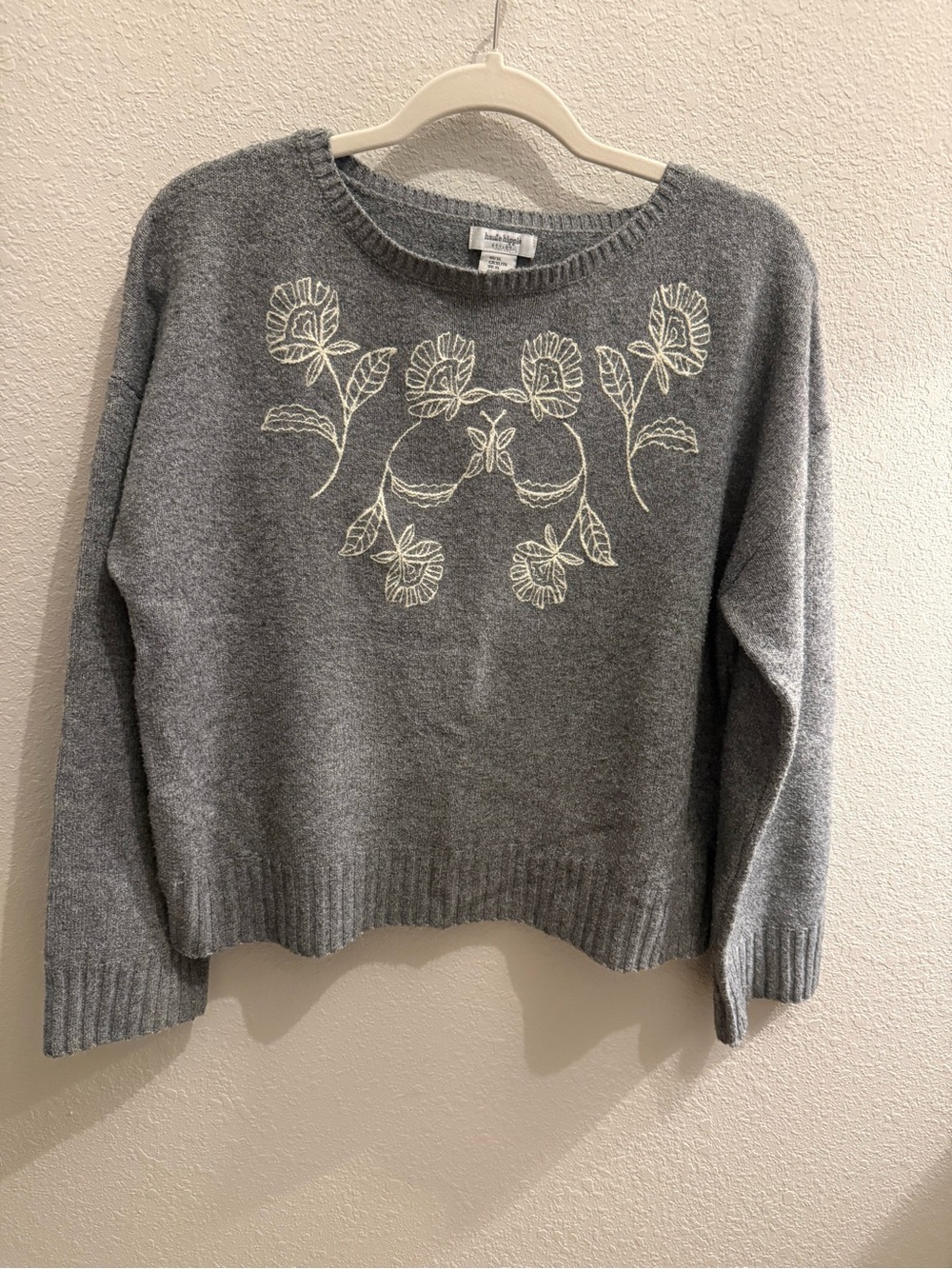 Haute Hippie Grey Embroidered Floral Butterfly Crewneck SweaterXL